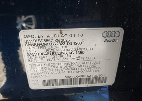 2010 Audi Q5 3.2 Premium from USA, damaged, VIN WA1LKAFP8AA100404